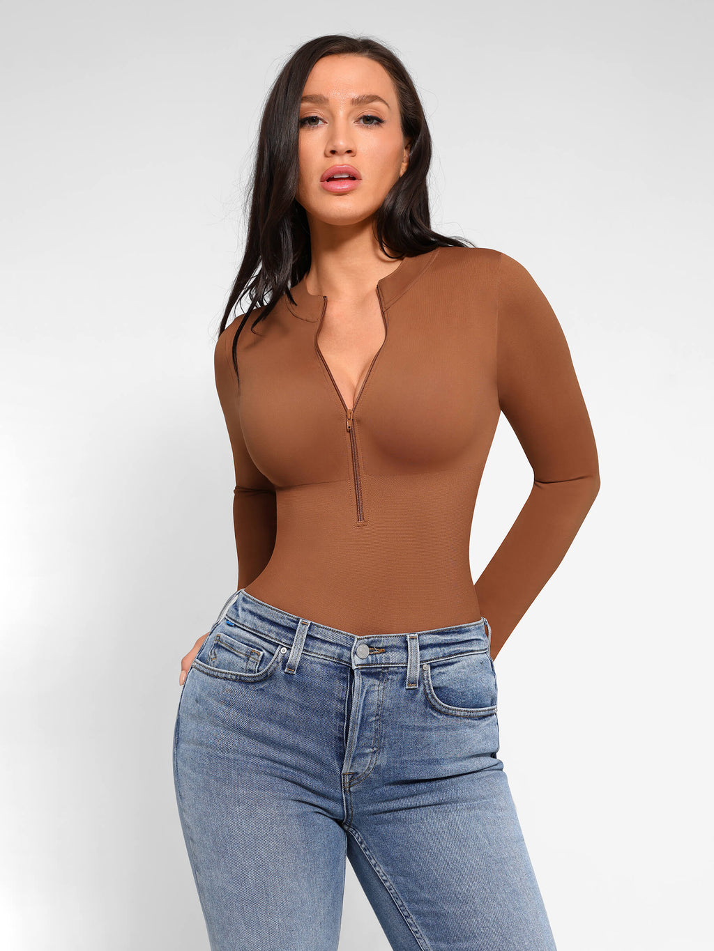 Body sin Costuras de Manga Larga con Cremallera y Tipo Tanga