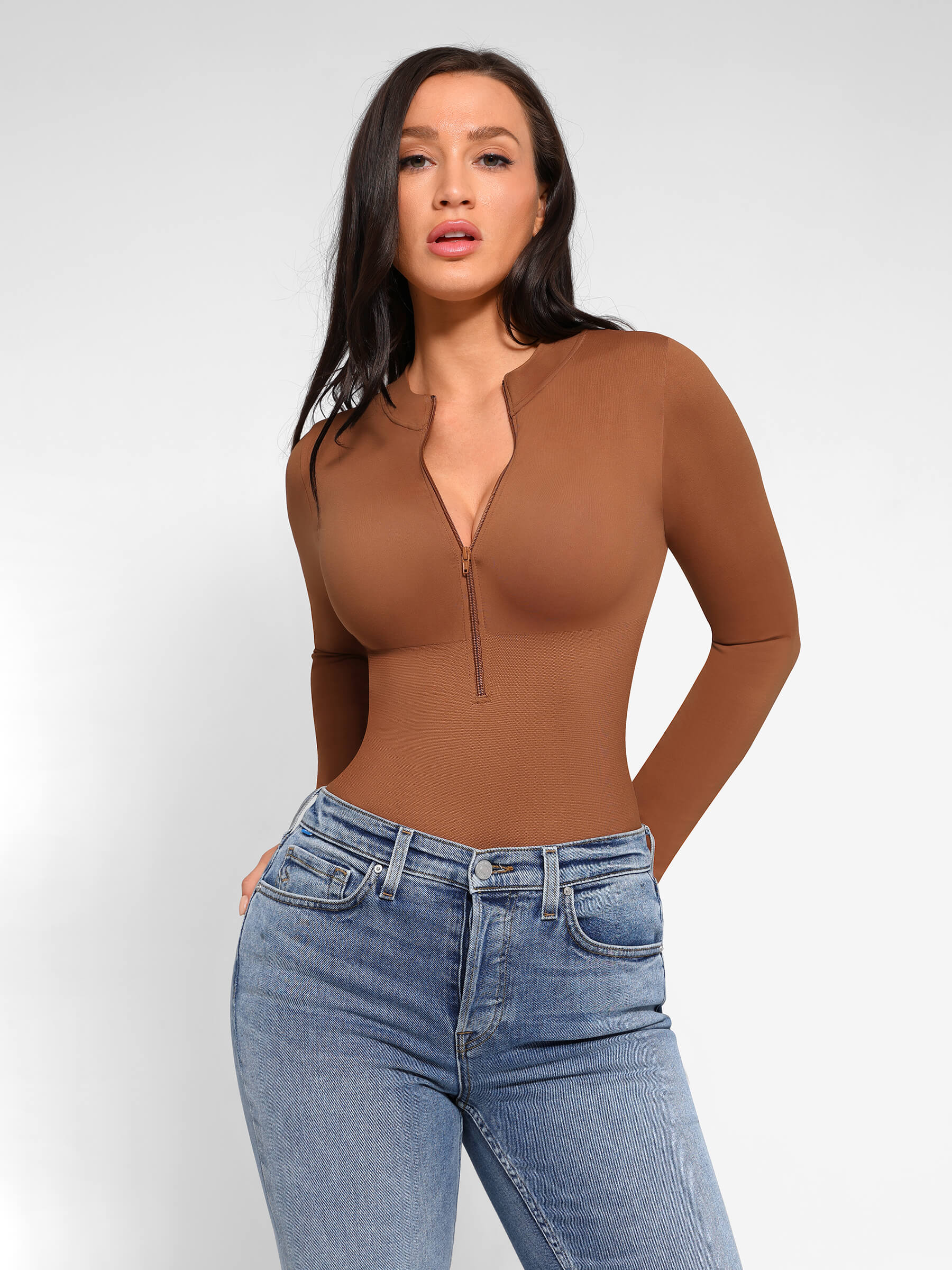 Body sin Costuras de Manga Larga con Cremallera y Tipo Tanga