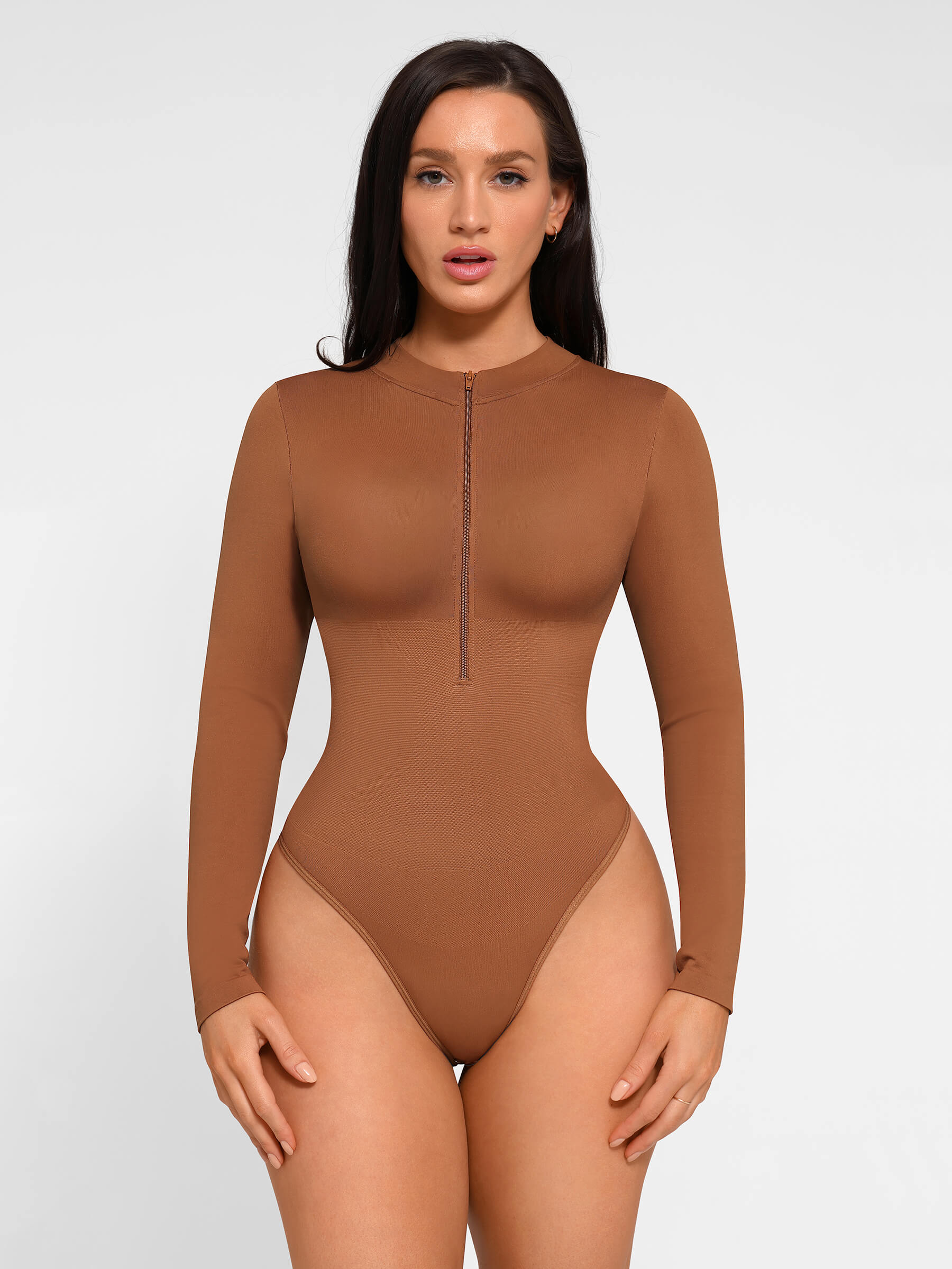 Body sin Costuras de Manga Larga con Cremallera y Tipo Tanga